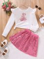 Tween Girl Figure Graphic Ruffle Trim Tee & Sequin Skirt