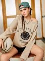 Street Sport Basketball Letter Print Drop Shoulder Sleeve Sporty Sweatshirt