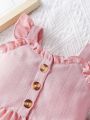 SHEIN Baby Girl Pink Woven Short Flutter Sleeve Cute Elegant Romantic Daily Casual Outfit, Spring/Summer