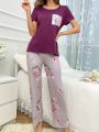 Floral Printed Short Sleeve Top And Long Pants Pajama Set