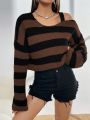 Striped Pattern Asymmetrical Neck Drop Shoulder Sweater