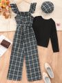 Girls' Round Neck Long Sleeve T-Shirt, College Style Plaid Jumpsuit & Hat Set, Autumn/Winter