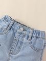 Toddler Boys' Vintage Street Style Washed Ripped Cute Bear Printed Frayed Hem Denim Shorts In Light Blue