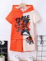 SHEIN Kids QTFun 2pcs/Set Young Boys' Cute Color Block Character & Letter Print Hooded Short Sleeve Top And Shorts For Simple Leisure Occasions, Summer