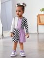 SHEIN Baby Girls' Casual Knitted Color Block Checkered Long Sleeve Top And Elastic Waist Shorts Set