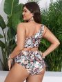 SHEIN Swim Vcay Plus Size Women'S Flower Print One Shoulder Swimsuit Set