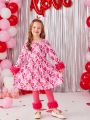 SHEIN Kids CHARMNG Little Girls' Romantic Lady Style Love Heart Printed Mesh Patchwork Dress With Leggings, 2pcs/Set