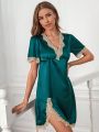 Contrast Lace Split Thigh Satin Nightdress