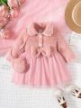 Fashionable And Elegant Plush Bowknot Decorated Baby Girl Dress