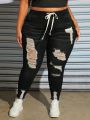 SHEIN CURVE+ Plus Size Women's Drawstring Waist Ripped Skinny Jeans