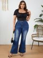 SHEIN Plus Size Women'S Floral Embroidered Flare Jeans