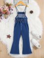 SHEIN Young Girl 1pc Split Raw Hem Flare Leg Denim Overalls