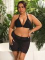 SHEIN Swim Basics Plus Size Women's Halterneck Ruched Bathing Suit 3pc Set