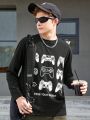 SHEIN Teenage Boys' Casual Comfortable Knitted Long Sleeve T-shirt With Game Controller Pattern