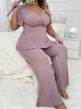 Plus Size Women's Lettuce Trim Short Sleeve Pajama Set