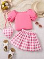 SHEIN Kids CHARMNG Little Girls' Solid Color Bubble Sleeve Top & Plaid A-Line Skirt Set