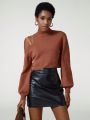 NILLARY Women'S Solid Color Hollow Out Shoulder & Stand Collar Cropped Sweater