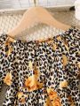 SHEIN Kids FANZEY Young Girl Leopard & Floral Print Flounce Sleeve Peplum Top & Leggings