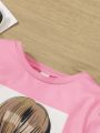 Toddler Girls' Printed Sweatshirt And Flared Jeans With Imitation Denim Design Set