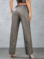 SHEIN BAE Solid Color Distressed Faux Leather Zipper Decor Straight Leg Pants