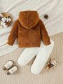 Baby Boy Bear Embroidery Kangaroo Pocket Fluffy Hoodie & Pants