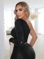 SHEIN SXY Spring Women Clothes Glow In The Dark  One Shoulder Rhinestone Tight Long Sleeve Women'S Top