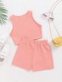 SHEIN Kids EVRYDAY Girls' Knit Texture Vest And Shorts Casual Set