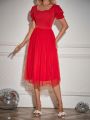 Red Lace A-line Princess Dress With Puff Sleeves And Empire Waist For Daily Wear In Spring/summer