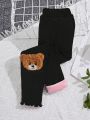 SHEIN Young Girl Bear Patched Lettuce Trim Thermal Leggings