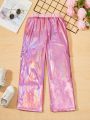 SHEIN Kids EVRYDAY Girls' Shiny Pink Cargo Pants For Casual Sports