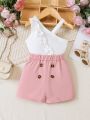 Baby Asymmetrical Neck Ruffle Trim Top & Fake Button Shorts