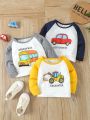 Baby Boy Cartoon Car Printed Color Block Raglan Long Sleeve T-Shirt