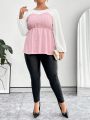 SHEIN Privé Plus Size Color Block Plaid Patchwork Lantern Sleeve Shirt