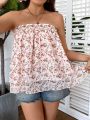 Plus Size Women'S Floral Printed Strapless Top With Ruffled Hemline