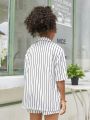 SHEIN Kids Cooltwn Girls Vertical Striped Dual Pocket Drop Shoulder Blouse & Belted Shorts