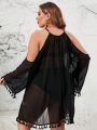 SHEIN Swim BohoFeel Plus Size Women's Hollow Out Shoulder Fringe Decor Perspective Cover Up Dress