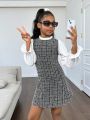 SHEIN Kids Cooltwn Tween Girl Plaid Pattern Flounce Sleeve Frill Trim 2 In 1 Tweed Dress