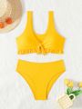 SHEIN Swim Mod Women's Ruffled Edge Front Knot Bikini Set