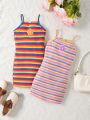 SHEIN Kids EVRYDAY Toddler Girls' Two Piece Knitted Stripe Spaghetti Strap Dress Outfit