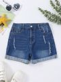 Tween Girls' Basic Casual Elastic Waist Frayed Denim Shorts With Rolled Hem, Dark Wash