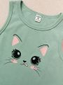 SHEIN Kids KDOMO Girls' Round Neck Cat Pattern Casual Vest, 3pc Pack