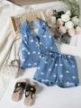 Young Girls' Heart Print Vest Blazer Jacket, Shorts And Camisole Top 3pcs Set