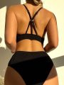 SHEIN Swim Basics Rib-Knit Bikini Set With Circular Decoration