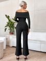 SHEIN Privé Off Shoulder Ruched Side Wide Leg Jumpsuit