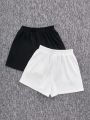 SHEIN Kids EVRYDAY Tween Girls Knitted Heart Pattern Loose Fit Casual Shorts 2pcs/Set