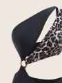 SHEIN Swim SXY Women'S One-Shoulder Leopard Print Swimsuit With Hollow Out Detail