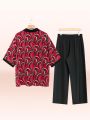 Plus Size Women's Casual Printed Short Sleeve Top And Pants Holiday Set