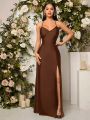 SHEIN Belle Draped Collar Crisscross Backless Satin Bridesmaid Dress