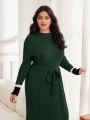 SHEIN Mulvari Plus Size Color Block Trimmed Belted Sweater Dress