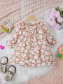 Infant Girls' Retro Small Flower Stripe Knit Ruffle Collar Casual Top For Fall And Winter